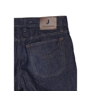 Dark blue denim men jeans with brown leather jeckerson logo patch made from organic cotton with zip button closure