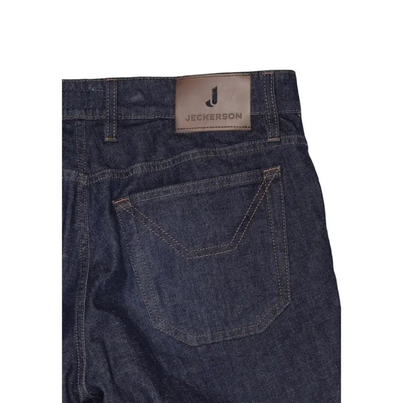 Dark blue denim men jeans with brown leather jeckerson logo patch made from organic cotton with zip button closure