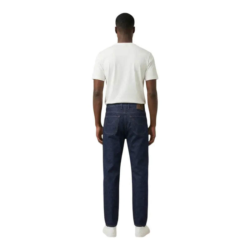 Jeckerson men jeans blue organic cotton with dark blue denim straight-leg cut and brown leather waistband patch