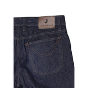 Dark blue denim men jeans with brown leather jeckerson logo patch made from organic cotton with zip button closure