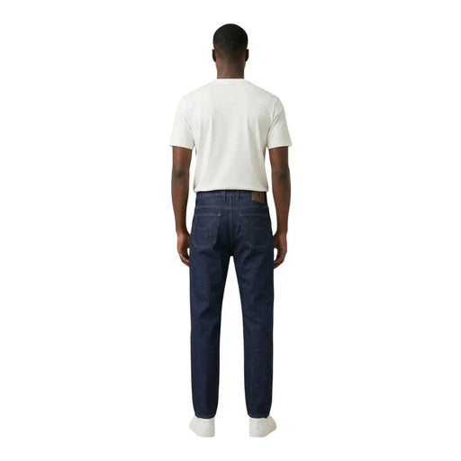 Jeckerson men jeans blue organic cotton with dark blue denim straight-leg cut and brown leather waistband patch