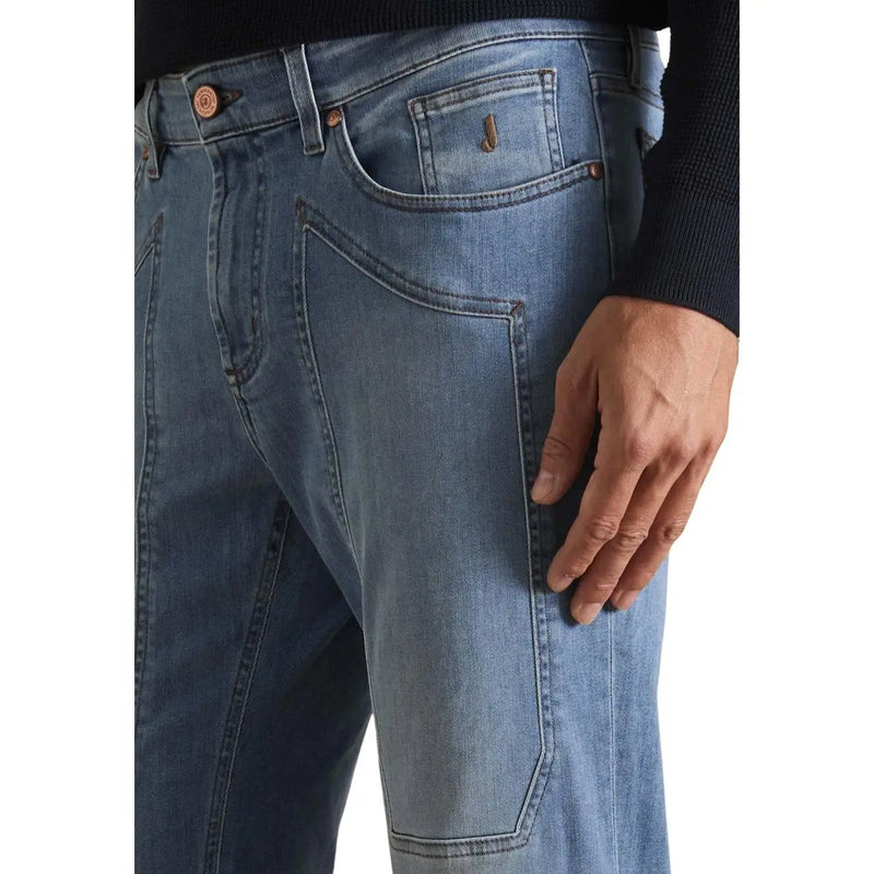 Jeckerson men jeans light blue organic cotton denim with medium wash and classic five-pocket design featuring copper hardware
