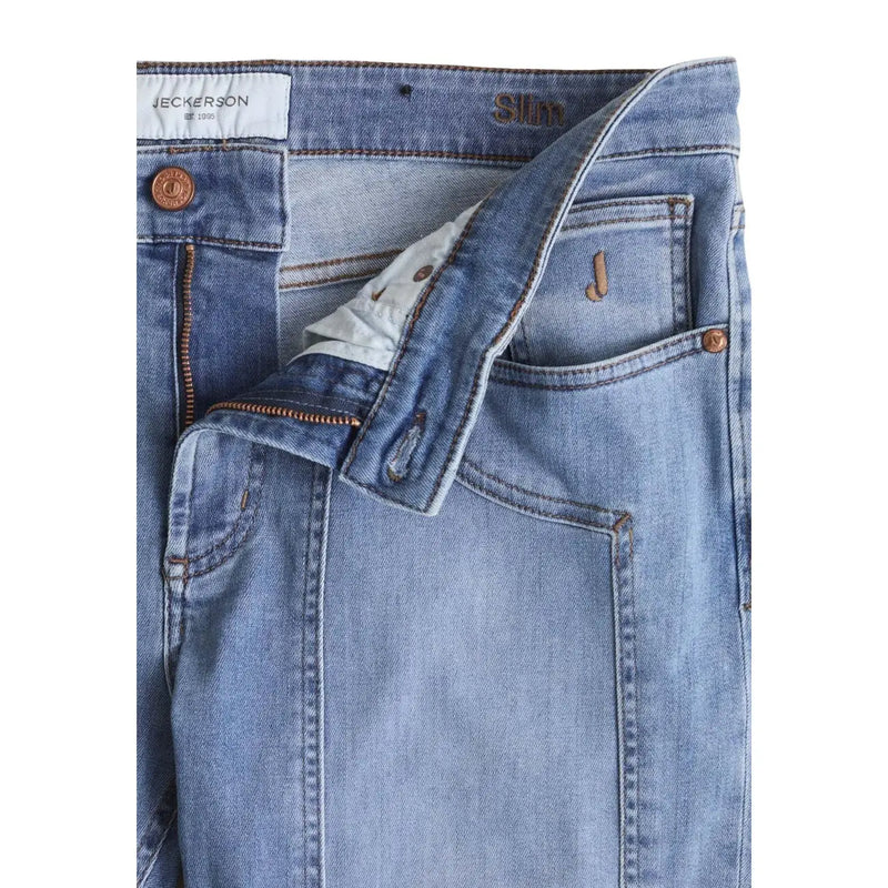 Jeckerson men jeans light blue organic cotton denim slim fit with copper-toned hardware and branded j patch back side