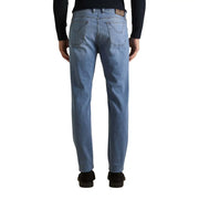 Jeckerson men jeans light blue organic cotton denim with classic straight-leg cut and brown leather waistband patch