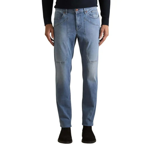Jeckerson men jeans light blue organic cotton denim with straight-leg cut and reinforced patch pockets visible from the back