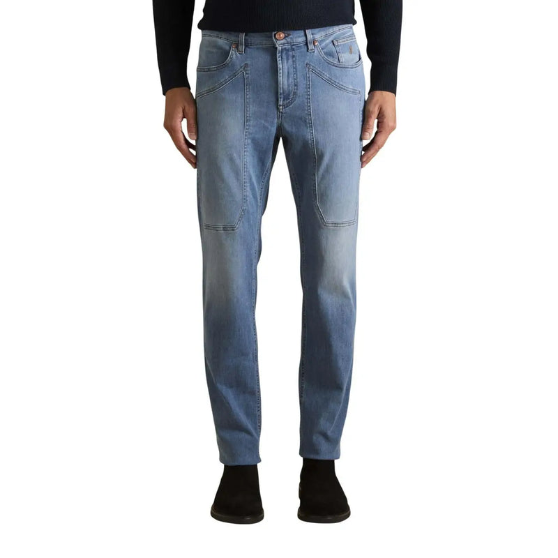 Jeckerson men jeans light blue organic cotton denim with straight-leg cut and reinforced patch pockets visible from the back