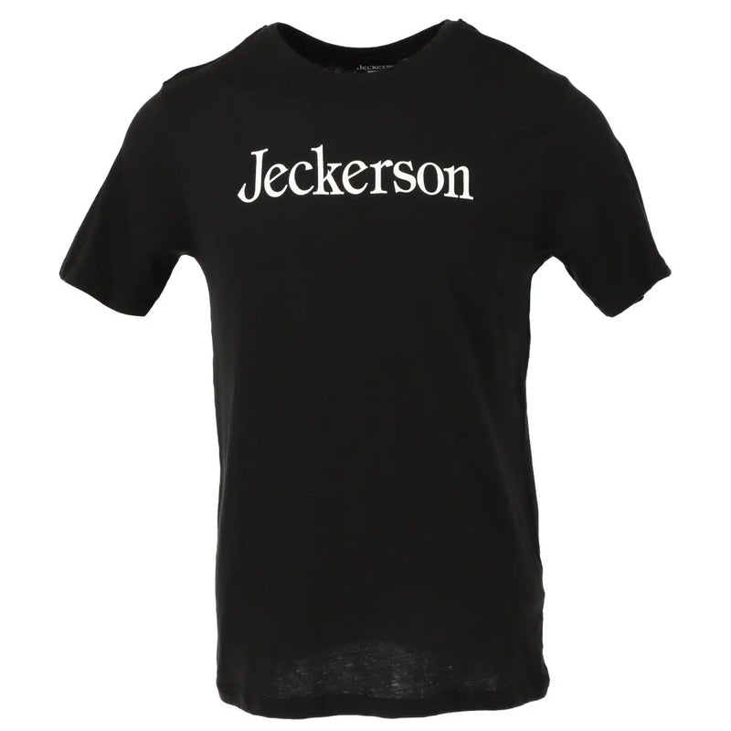 Jeckerson men’s black slim fit short-sleeved cotton t-shirt with white jeckerson script across the chest