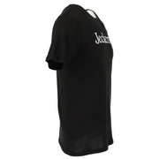 Jeckerson men’s black slim fit cotton t-shirt with short sleeves and white jeckerts lettering across the chest