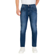 Blue denim jeans with a straight fit and button fly design.