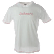 Jeckerson men’s white slim fit cotton t-shirt with pink embroidered logo and matching pink trim details