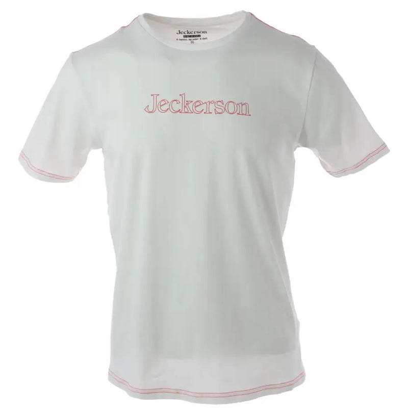 Jeckerson men’s white slim fit cotton t-shirt with pink embroidered logo and matching pink trim details