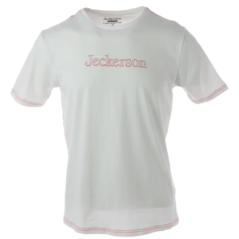 Jeckerson men’s white slim fit cotton t-shirt with pink embroidered logo and matching pink trim details