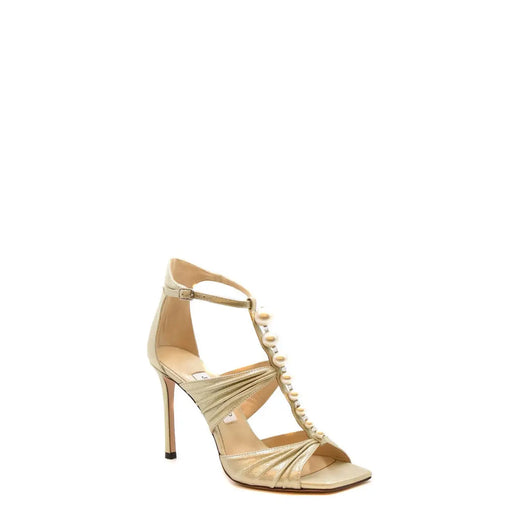Jimmy Choo Damen-Sandalen aus beigefarbenem Leder mit offenem Zehenbereich, metallisch-goldenen Riemen und Perlen- und Kristallverzierungen