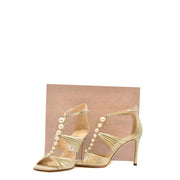 Beige metallic satin jimmy choo leather sandals with pearl embellishments and high stiletto heel open toe