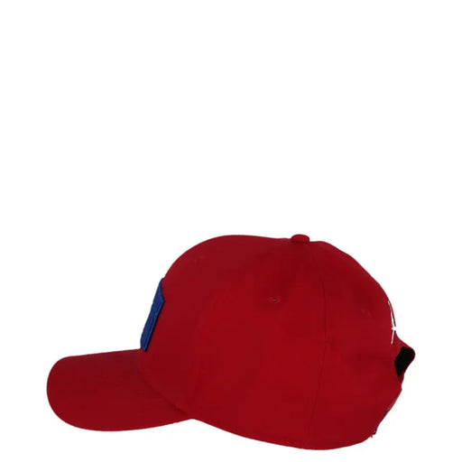 Red Jordan men cap made of 100 percent cotton featuring a blue side patch and white logo suitable for handwash care