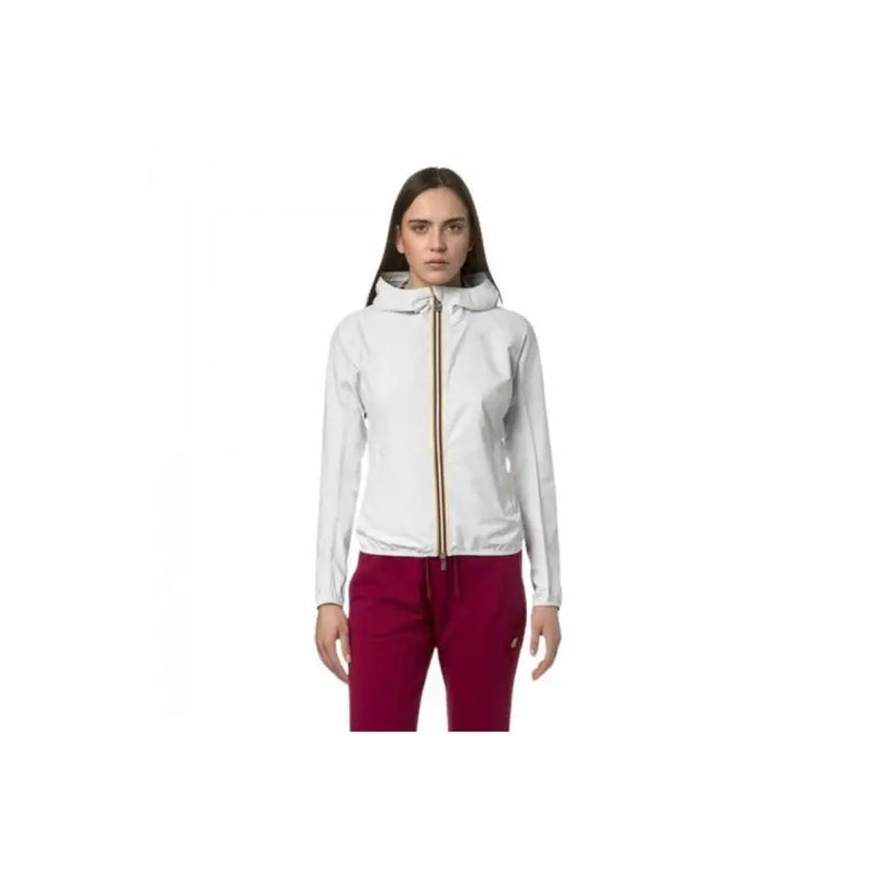 K-way women white hooded jacket with subtle gold zipper and slim fit design for spring summer wear