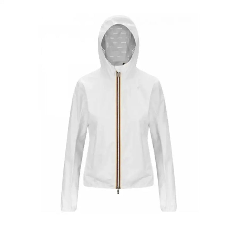 K-way women white hooded jacket with gold-toned zipper and patterned interior lining for spring summer wear