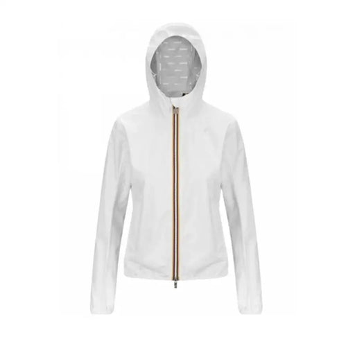 K-way women white hooded jacket with gold zipper and patterned lining