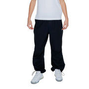 Karl kani mens black plain trousers 100 percent cotton with drawstring cuffs and side pockets front view
