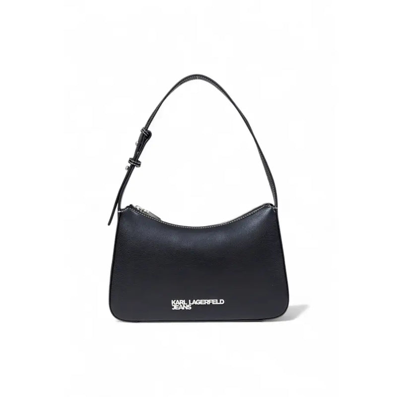 Black faux leather shoulder bag with minimalist design and karl lagerfeld jeans logo embroidered in white on front