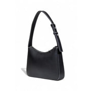 Karl Lagerfeld black faux leather shoulder bag with white stitching and silver zipper zip pockets visible