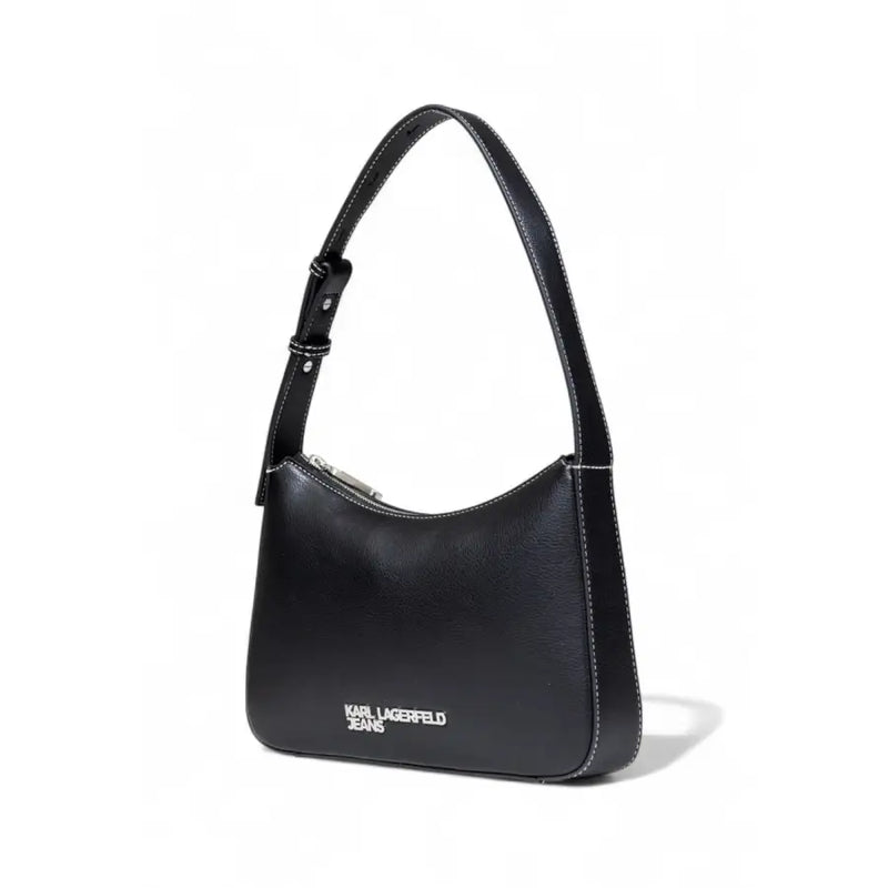 Karl Lagerfeld black faux leather handbag with white stitching, silver zipper, and logo on the front panel