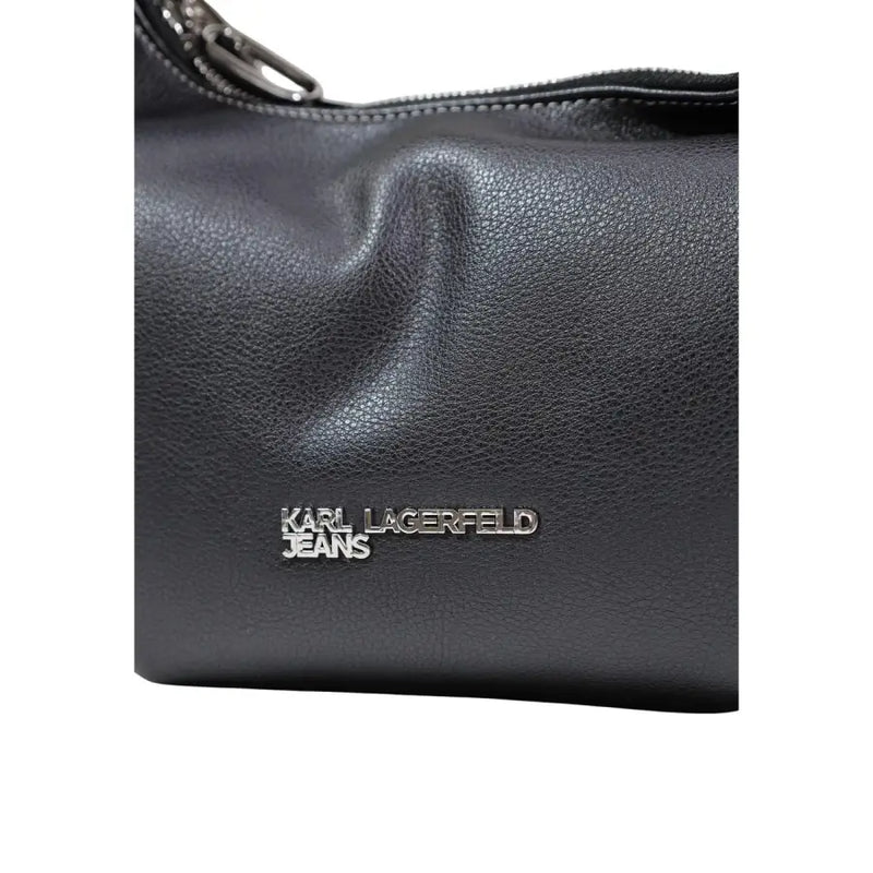 Karl Lagerfeld black polyurethane handbag with textured leather surface and silver-tone logo plaque with zip pockets