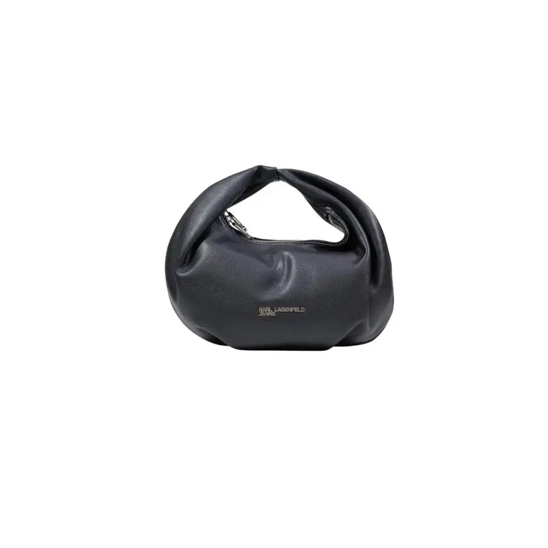Karl Lagerfeld black leather handbag with soft rounded shape top handle and zip pockets for organized storage