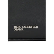 Karl Lagerfeld black polyurethane zip bag wallet with silver embossed logo and inside pockets for organized storage