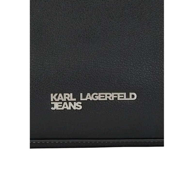 Karl Lagerfeld black polyurethane zip bag wallet with silver embossed logo and inside pockets for organized storage