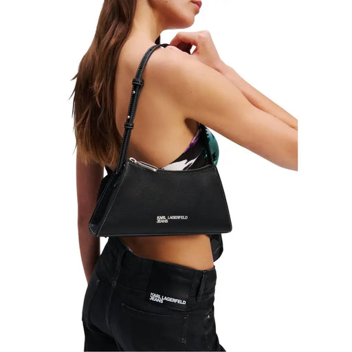 Karl Lagerfeld black polyurethane zip shoulder bag with silver hardware