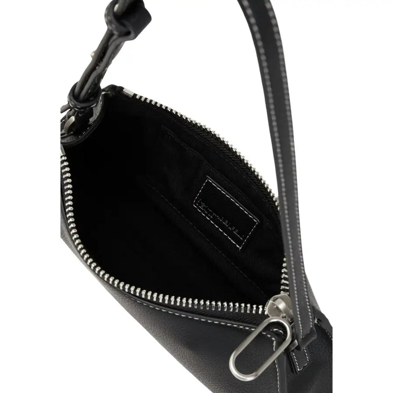 Black leather crossbody bag by Karl Lagerfeld with silver-toned zipper and hardware and inside pockets