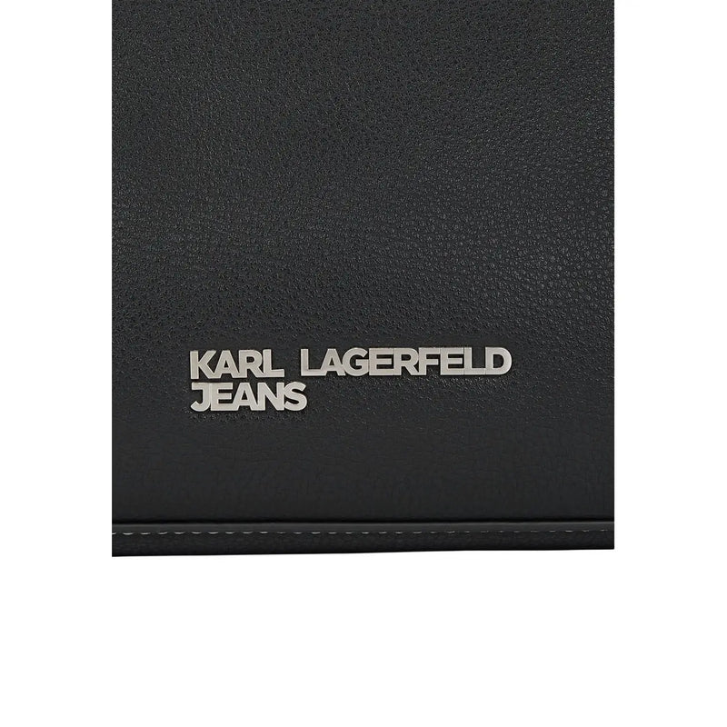 Karl Lagerfeld black polyurethane zip bag wallet with silver embossed logo and inside pockets for organized storage