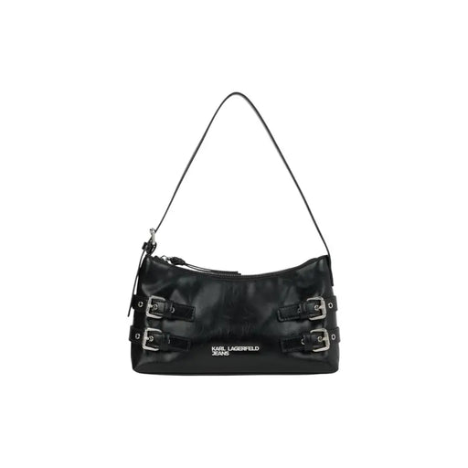 Karl Lagerfeld black leather shoulder bag with silver buckle straps and zippered interior pockets