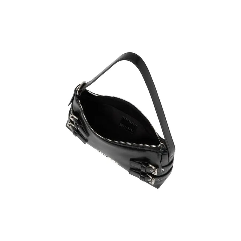 Karl Lagerfeld black leather crossbody bag with silver hardware and dual zippers featuring interior pockets