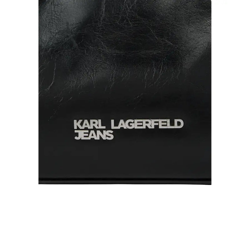 Black textured leather zippered bag by Karl Lagerfeld featuring silver logo and interior pockets for organization