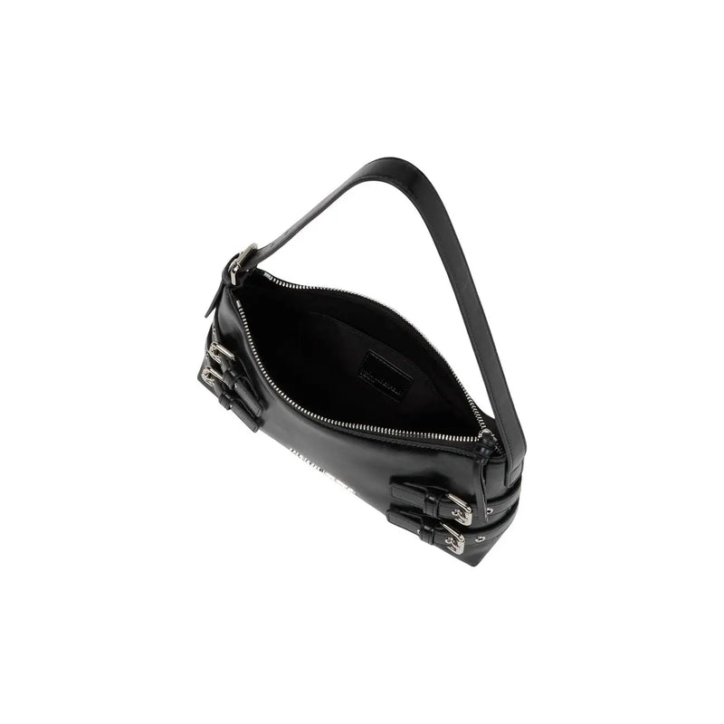 Karl Lagerfeld black leather crossbody bag with silver hardware and dual zippers featuring interior pockets