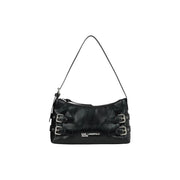 Karl Lagerfeld black leather shoulder bag with silver buckle straps and zippered interior pockets