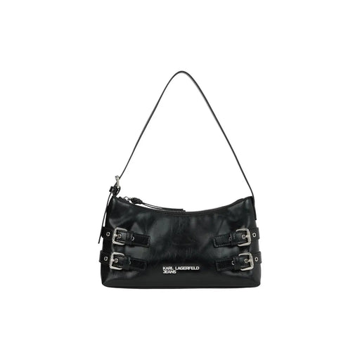 Karl Lagerfeld black leather shoulder bag with silver buckle straps and zippered interior pockets