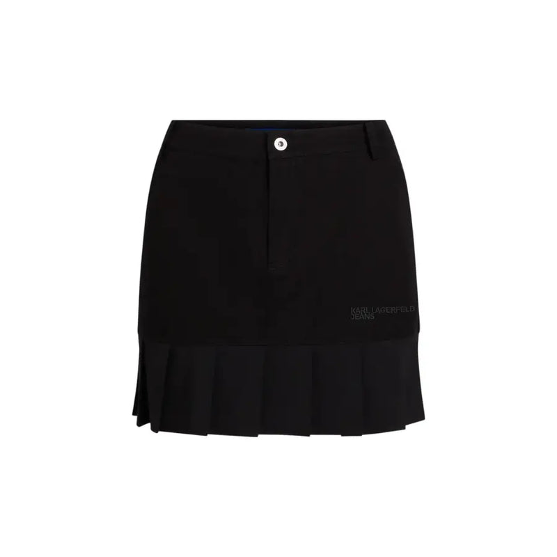 Karl Lagerfeld Jeans black womens pleated mini skirt with white button and logo branding for fall winter wear