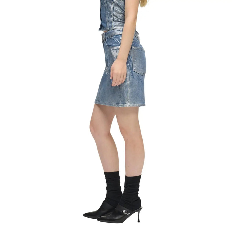 Karl Lagerfeld jeans light blue cotton denim mini skirt with metallic silver side stripe and classic pockets