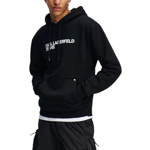 Karl Lagerfeld Jeans men black hoodie with white print long sleeves and front pocket sweatshirt