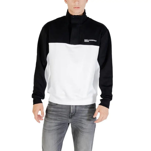 Black and white Karl Lagerfeld Jeans men fall winter half-zip sweatshirt with contrasting color-block design