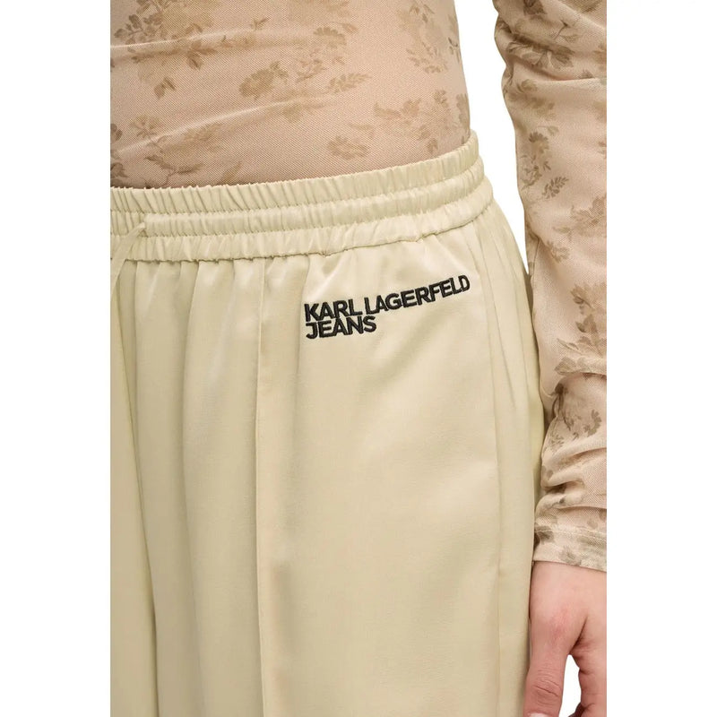 Beige karl lagerfeld wide leg satin trousers with black embroidered logo on waistband for women