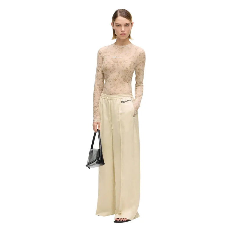 Karl lagerfeld jeans women beige wide leg satin trousers featuring a sleek finish and subtle waistband branding