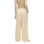 Back view of cream beige satin wide-leg trousers for women by Karl Lagerfeld with textured waistband and two back pockets