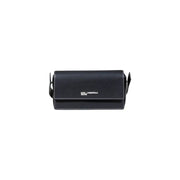 Black Karl Lagerfeld jeans women handbag with textured leather, white stitching, crossbody style, and multiple pockets