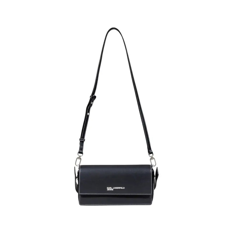 Karl Lagerfeld Jeans women black leather crossbody handbag with silver hardware and minimalist design with pockets