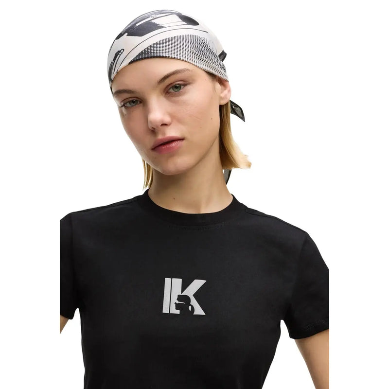 Black slim cotton t shirt for women by Karl Lagerfeld Jeans featuring a white ik logo on the chest