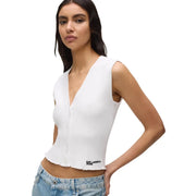 White ribbed knit sleeveless v neck top with button front featuring karl lagerfeld jeans logo at hem
